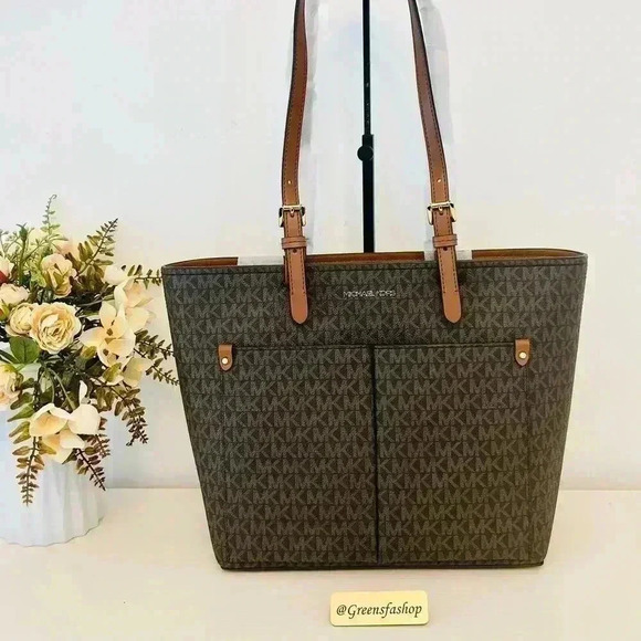 Michael Kors Purse & Wallet Jet Set Travel Tote Double Pocket Brown Signature MK - Picture 2 of 12